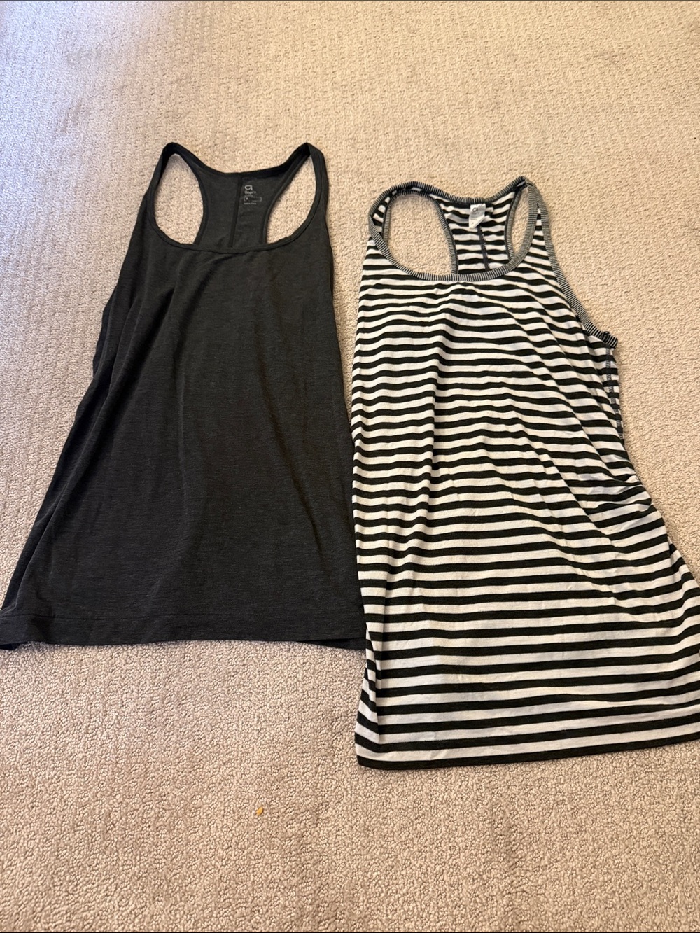 Pair of Racerback Maternity Tanks — Solid Charcoal + Black & White Stripes